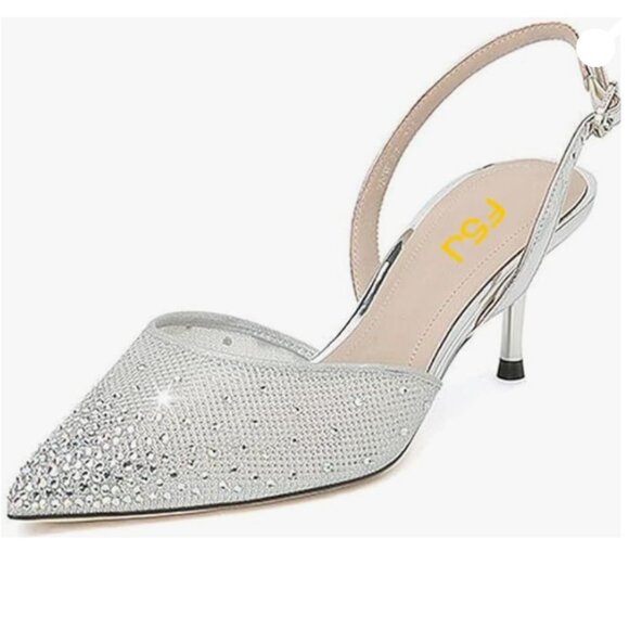 FSJ Silver Crystal Studded Clear Pumps Sparkle Rhinestones  Low Heel Sandals - Picture 1 of 6